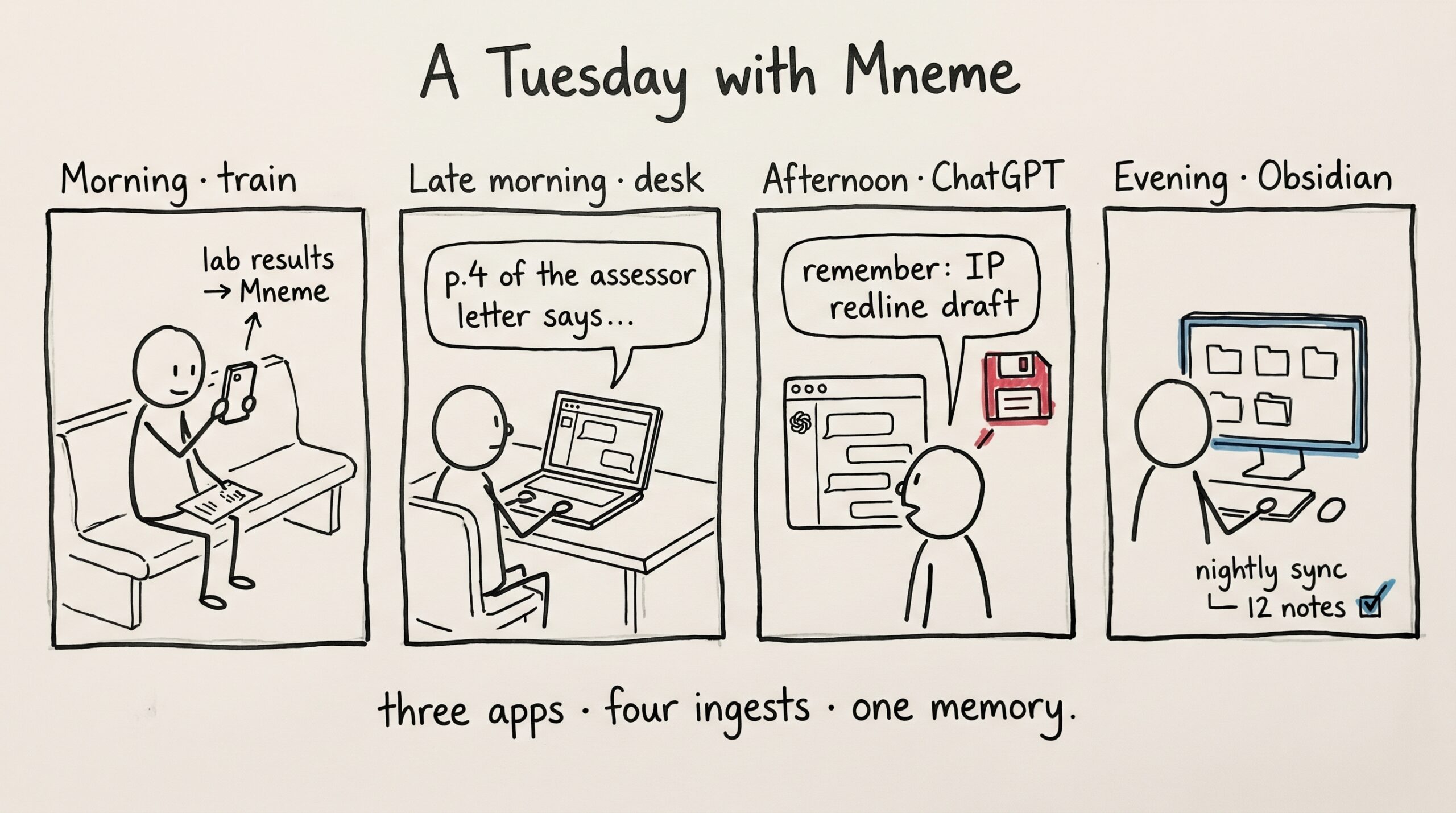 Hand-drawn 4-panel comic showing one day with Mneme: morning on a train (photographing lab results to ingest), late morning at desk (Claude Desktop quoting page 4 of an assessor letter), afternoon in ChatGPT (saving a memory about the IP redline draft), evening in Obsidian (nightly sync of 12 notes).