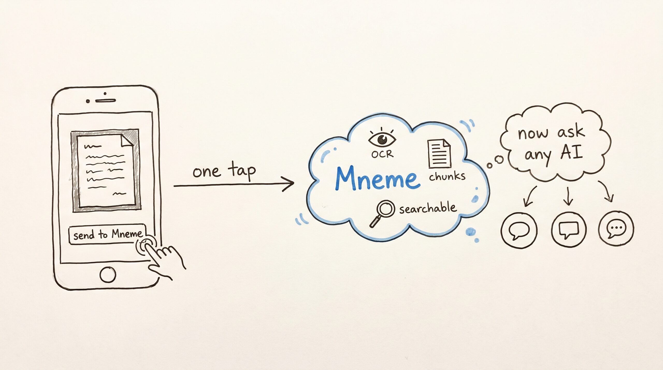 Hand-drawn flow diagram: a phone showing a sketched lease document with a 'send to Mneme' button being tapped, an arrow labeled 'one tap' pointing right to a blue cloud labeled 'Mneme' with OCR/chunks/searchable icons, then a thought bubble 'now ask any AI' connecting to three small chat-bubble icons.