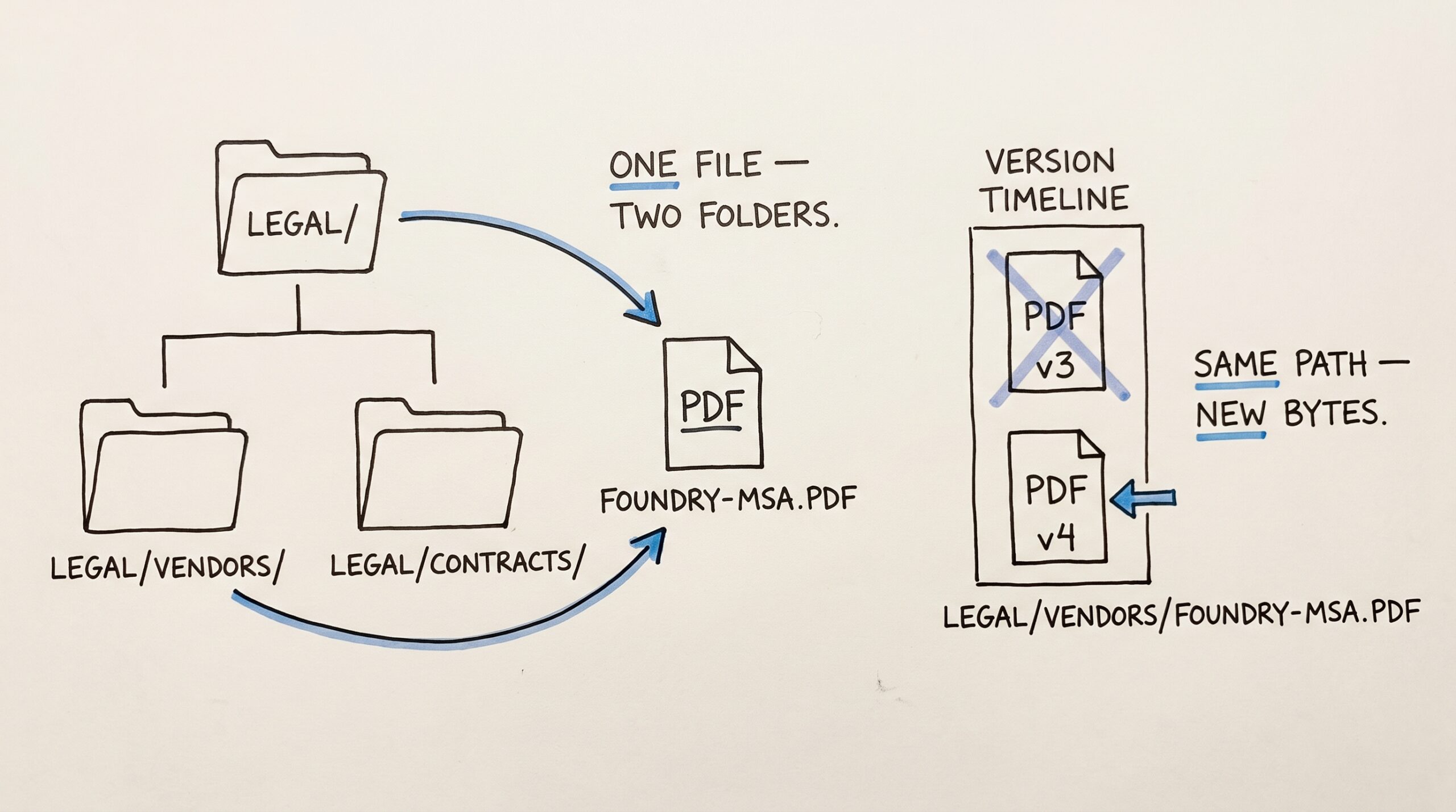 Hand-drawn diagram showing one PDF named FOUNDRY-MSA.PDF with curved arrows connecting it to two folder icons — LEGAL/ above and LEGAL/VENDORS/ below — illustrating that the same file lives under multiple folder facets. To the right, a vertical version timeline shows a v3 PDF crossed out in blue marker and a v4 PDF underneath; both share the path label LEGAL/VENDORS/FOUNDRY-MSA.PDF, illustrating that re-ingesting replaces the bytes at the same path.
