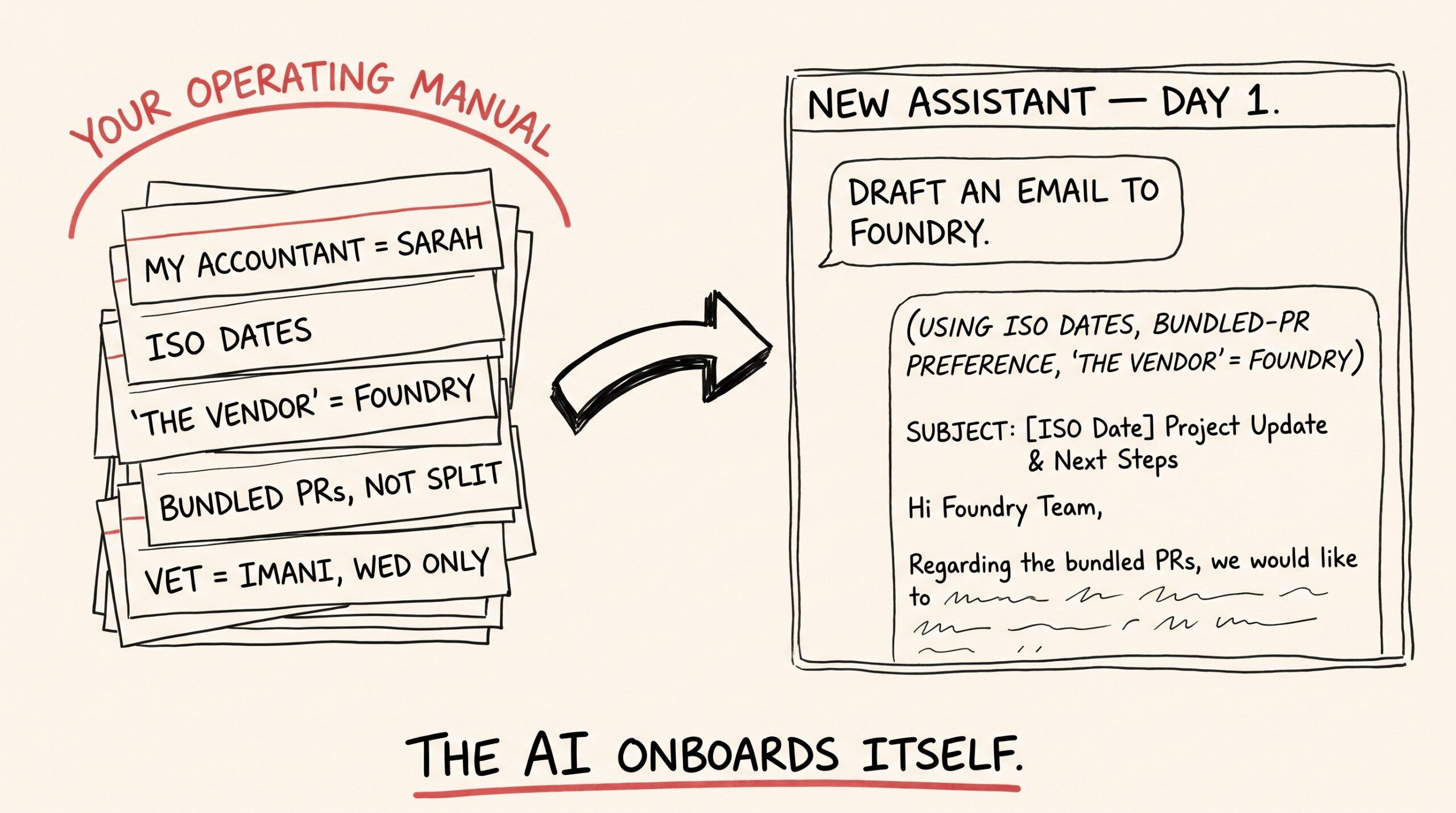 Hand-drawn split scene. Left: a stack of small index cards labeled 'YOUR OPERATING MANUAL' in red marker arc. Visible card sentences: 'My accountant = Sarah', 'ISO dates', 'The vendor = Foundry', 'Bundled PRs, not split', 'Vet = Imani, Wed only.' A bold curved arrow points right to a sketched chat window labeled 'NEW ASSISTANT — DAY 1.' The user types 'Draft an email to Foundry.' The assistant's reply has a small parenthetical noting which memories it auto-incorporated, then begins a draft email. Footer banner: 'THE AI ONBOARDS ITSELF.'