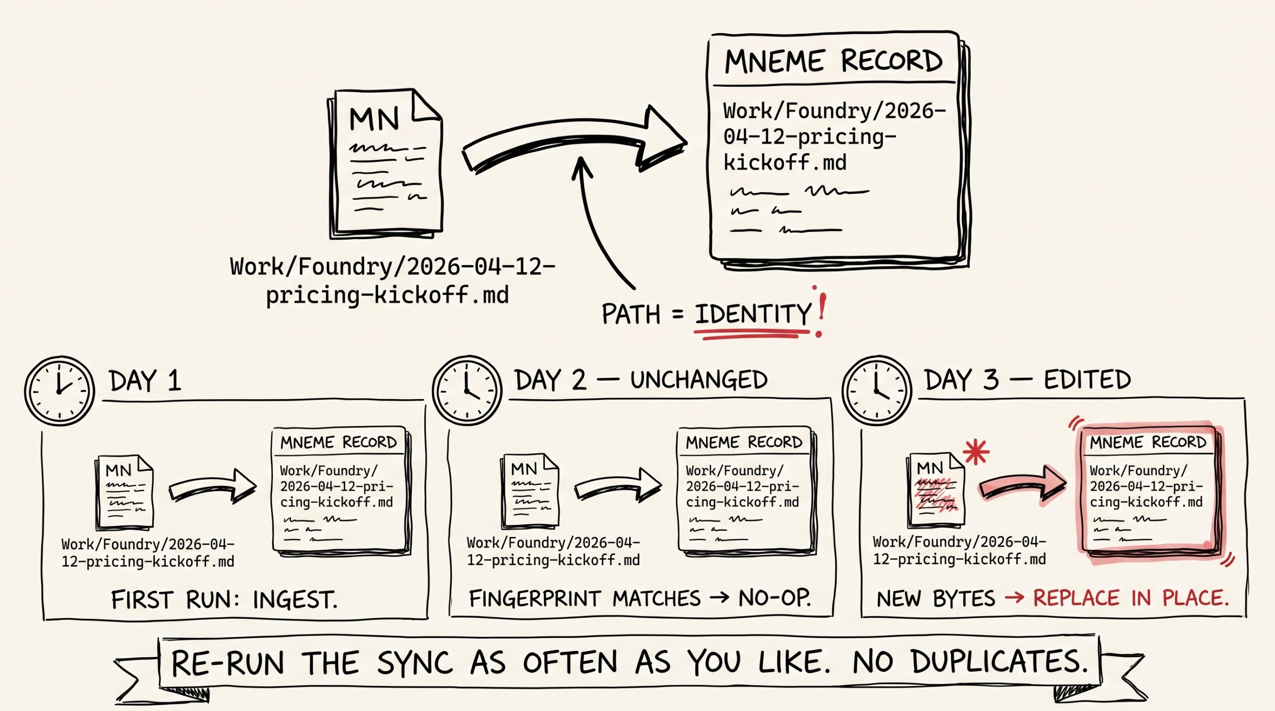 Hand-drawn diagram showing path-as-identity. Top: a markdown note with the path 'Work/Foundry/2026-04-12-pricing-kickoff.md' connected by an arrow to a Mneme record with the same path. A red underlined label reads 'PATH = IDENTITY!' Below that, a three-panel timeline labeled DAY 1 — FIRST RUN: INGEST, DAY 2 — UNCHANGED: 'FINGERPRINT MATCHES → NO-OP', DAY 3 — EDITED: 'NEW BYTES → REPLACE IN PLACE' (with red highlights on the changed note and record). A bottom banner reads 'RE-RUN THE SYNC AS OFTEN AS YOU LIKE. NO DUPLICATES.'