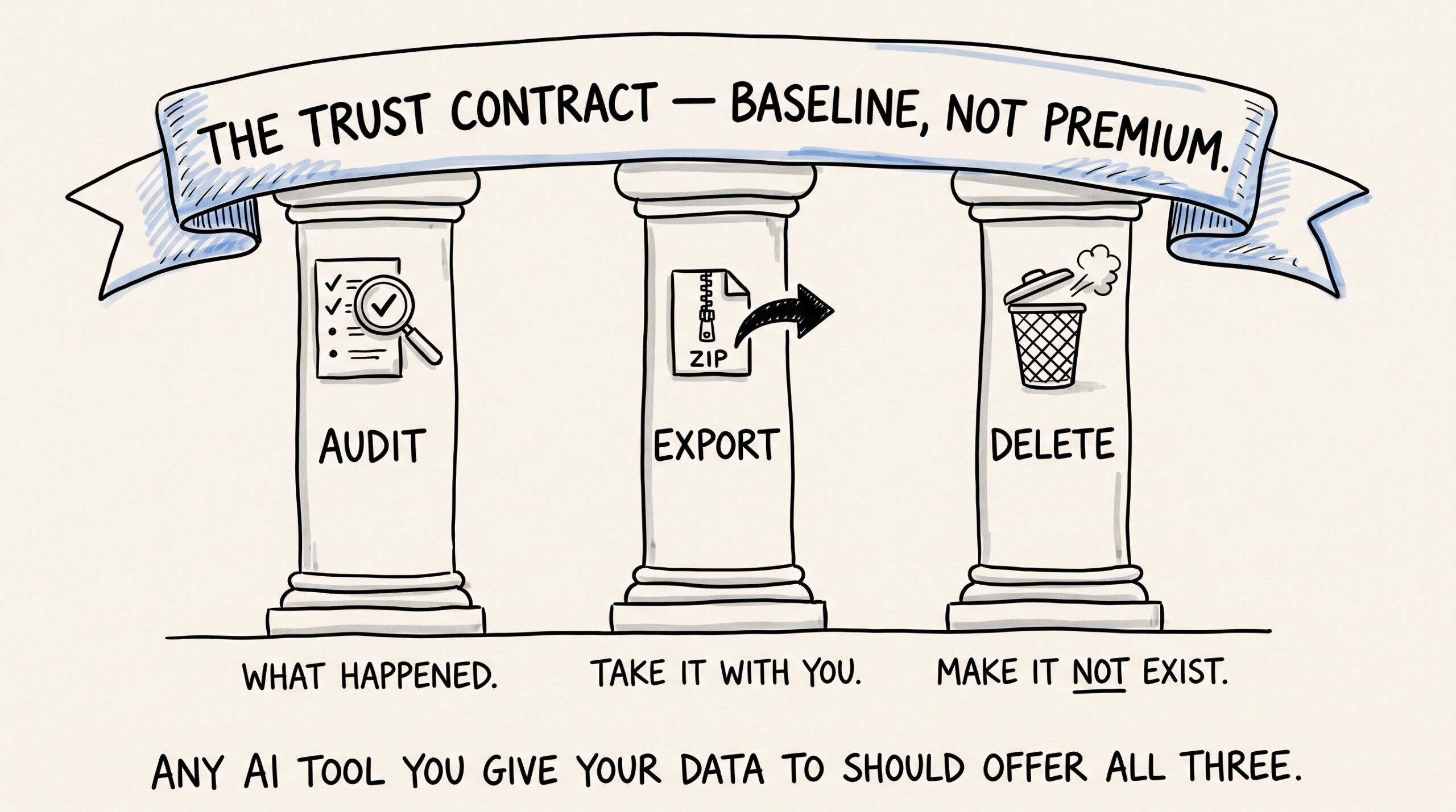Hand-drawn illustration of three classical columns labeled AUDIT, EXPORT, and DELETE, holding up a blue ribbon banner that reads 'THE TRUST CONTRACT — BASELINE, NOT PREMIUM.' Each column has a small icon at top: a magnifying glass over a checklist (AUDIT), a ZIP file with an outgoing arrow (EXPORT), a trash can with a small puff of smoke (DELETE). Captions below each column read 'WHAT HAPPENED.', 'TAKE IT WITH YOU.', 'MAKE IT NOT EXIST.' Below all three, a footer: 'ANY AI TOOL YOU GIVE YOUR DATA TO SHOULD OFFER ALL THREE.'