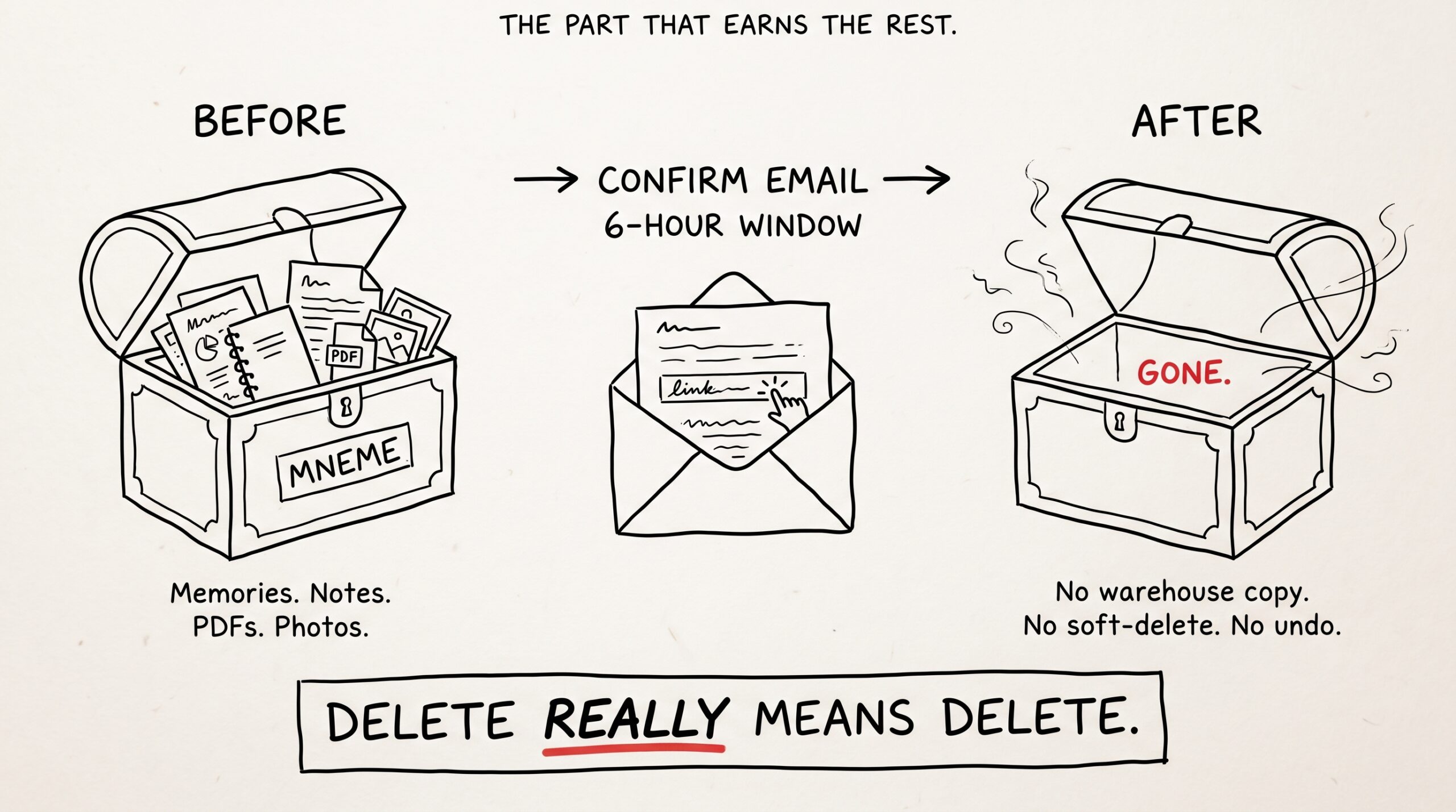 Hand-drawn three-panel sequence titled 'THE PART THAT EARNS THE REST.' Left: a Mneme treasure-chest vault stuffed with notes, PDFs, and photos, labeled 'BEFORE — Memories. Notes. PDFs. Photos.' Center: an opened envelope with a clickable confirmation link, labeled 'CONFIRM EMAIL — 6-HOUR WINDOW.' Right: the same treasure chest, now empty with smoke wisps, with a red label inside reading 'GONE.' Below it: 'AFTER — No warehouse copy. No soft-delete. No undo.' A bottom banner with red emphasis on REALLY: 'DELETE REALLY MEANS DELETE.'