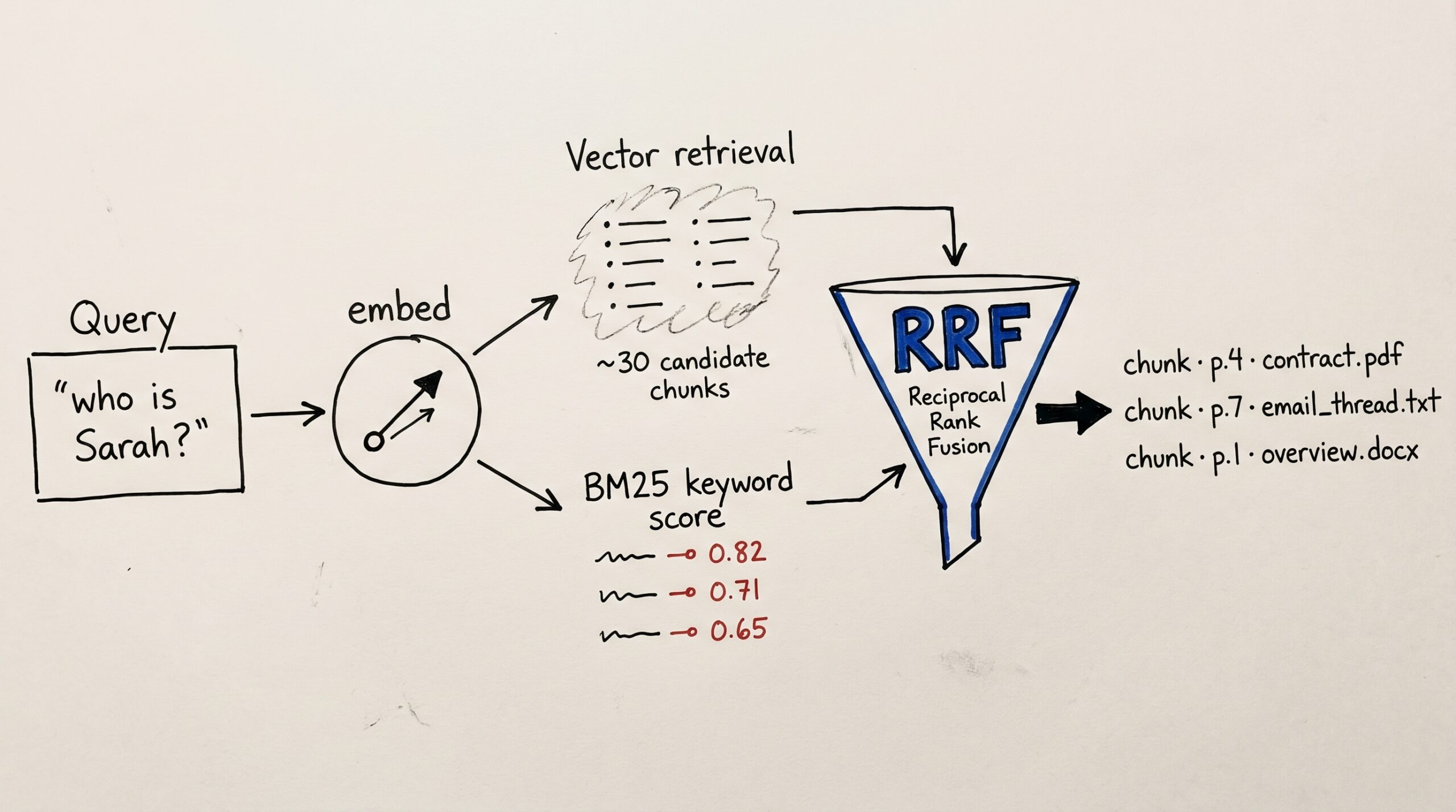 Hand-drawn flow diagram of Mneme's hybrid search pipeline: a query box leads to an 'embed' circle, which splits into parallel 'vector retrieval (~30 candidate chunks)' and 'BM25 keyword score' lanes; both converge through a blue Reciprocal Rank Fusion funnel into a ranked list of result chunks with page anchors.
