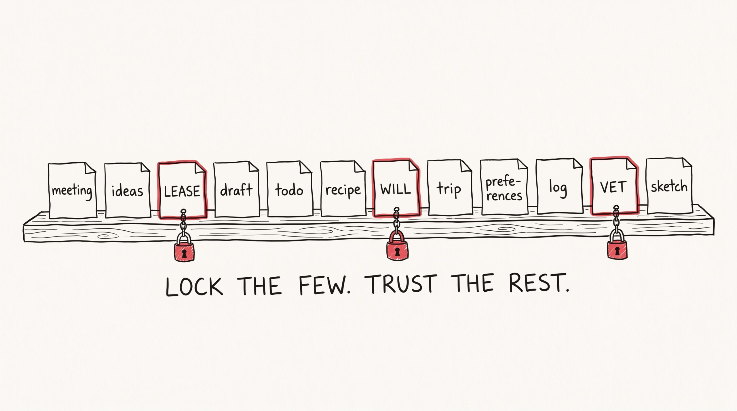 Hand-drawn shelf with twelve notes lined up. Three of them — labeled 'Lease', 'Will', 'Vet (Imani)' — wear small padlock charms. The other nine sit unlocked. A small caption underneath reads 'lock the few; trust the rest'.