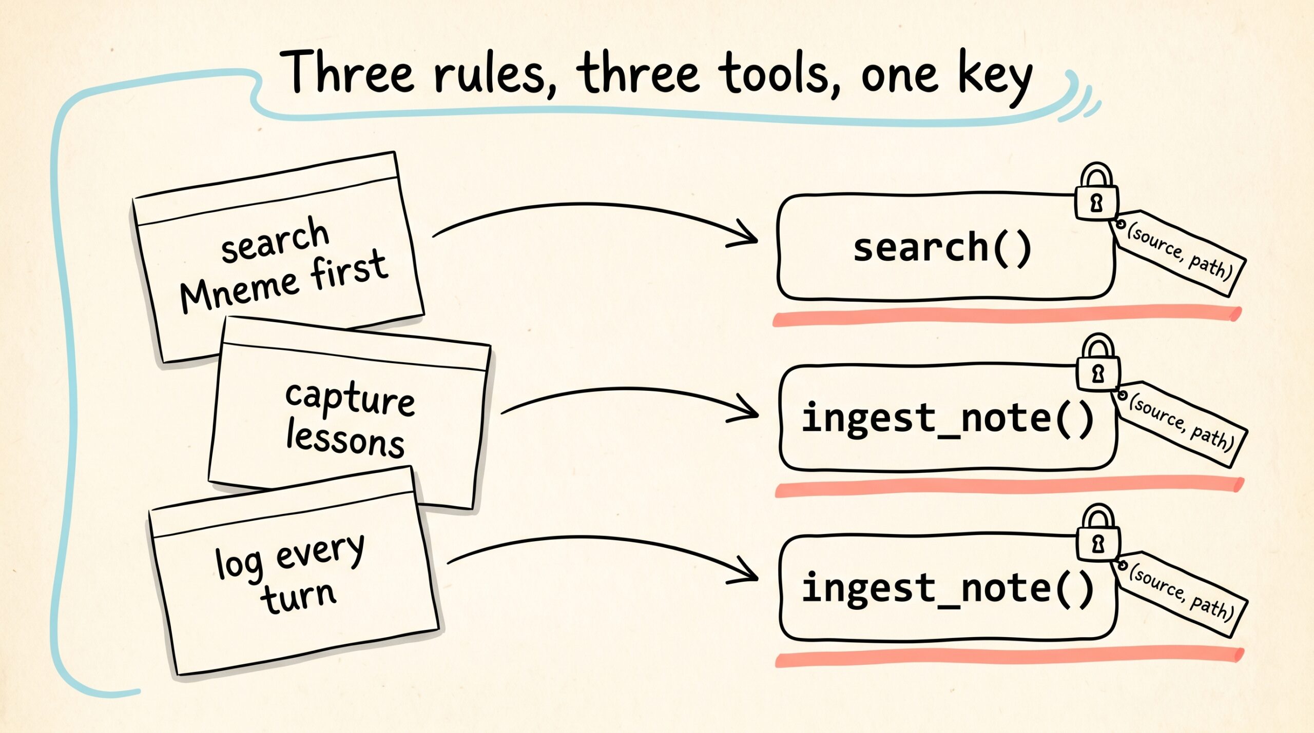 Hand-drawn stack of three index cards labelled 'search Mneme first', 'capture lessons after struggling', and 'log every substantive turn'. Each card has a curved arrow pointing to a Mneme tool call — search, ingest_note, ingest_note — and a small lock badge marked '(source, path)' representing the idempotency key.