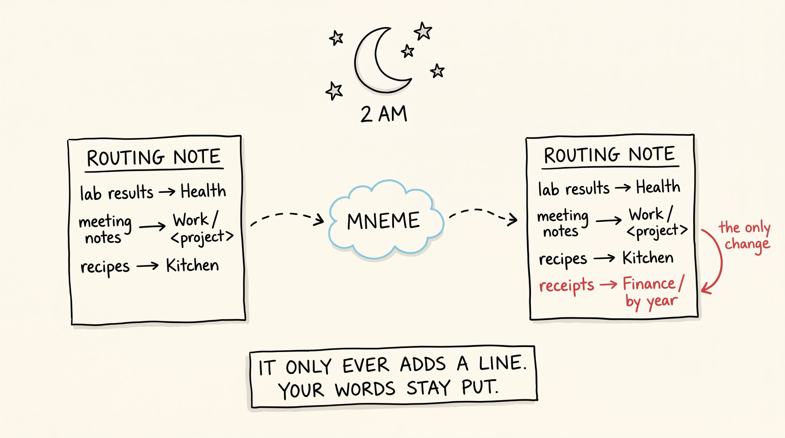 Hand-drawn sketchnote. A crescent moon and stars sit above the label '2 AM'. On the left, a sheet titled 'Routing note' lists three filing rules in black. A dashed arrow passes through a blue cloud labelled 'Mneme' to an identical sheet on the right, showing the same three black rules plus one new red line reading 'receipts to Finance / by year', marked by a red arrow labelled 'the only change'. A banner reads 'It only ever adds a line. Your words stay put.'