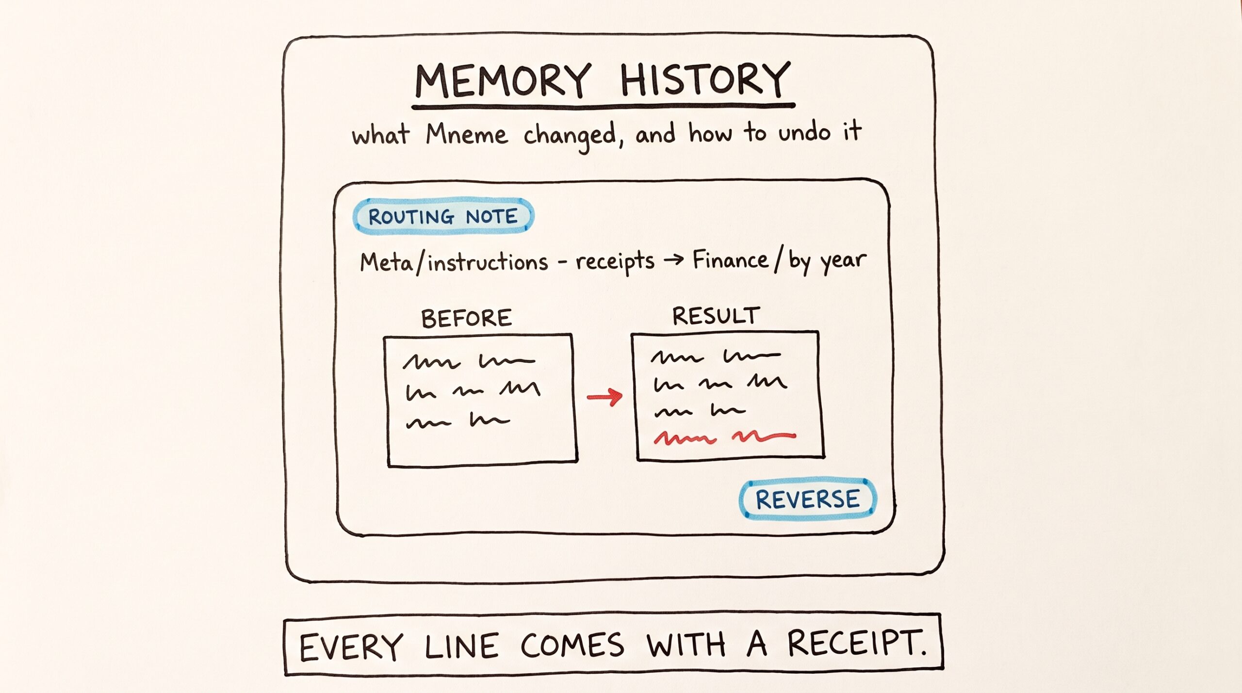Hand-drawn sketch of a panel titled 'Memory history', subtitled 'what Mneme changed, and how to undo it'. Inside sits one card: a blue chip reading 'Routing note', a line reading 'Meta/instructions — receipts to Finance / by year', and two boxes labelled 'Before' and 'Result', where Result shows the same lines plus one extra in red. A blue button in the corner reads 'Reverse'. A banner reads 'Every line comes with a receipt.'